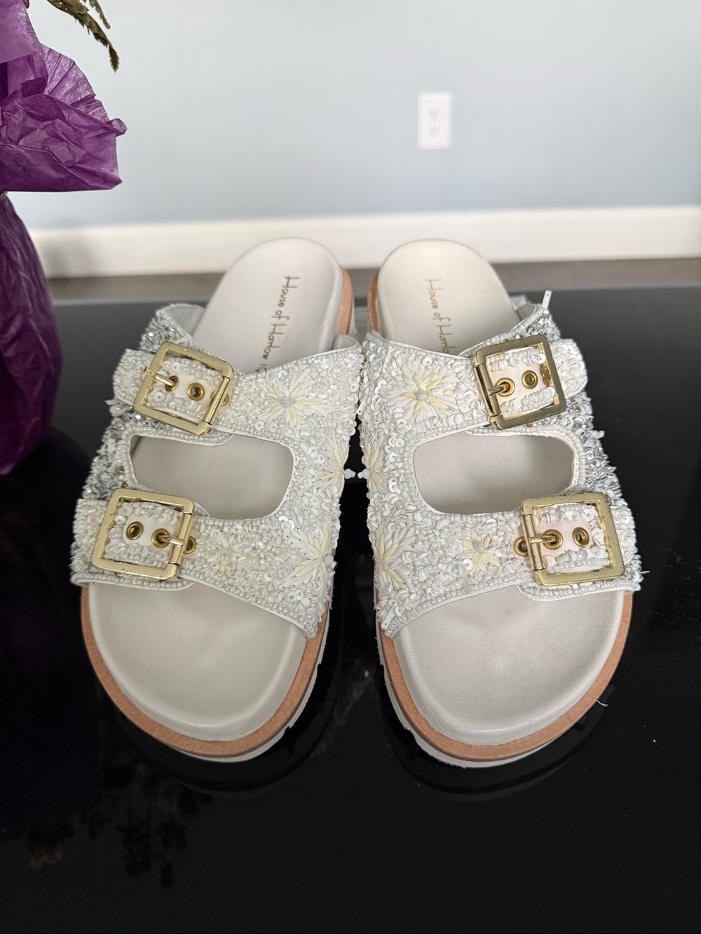 House of Harlow 1960 White Embellished Double-Buckle Slide Clogs - Picture 3 of 9
